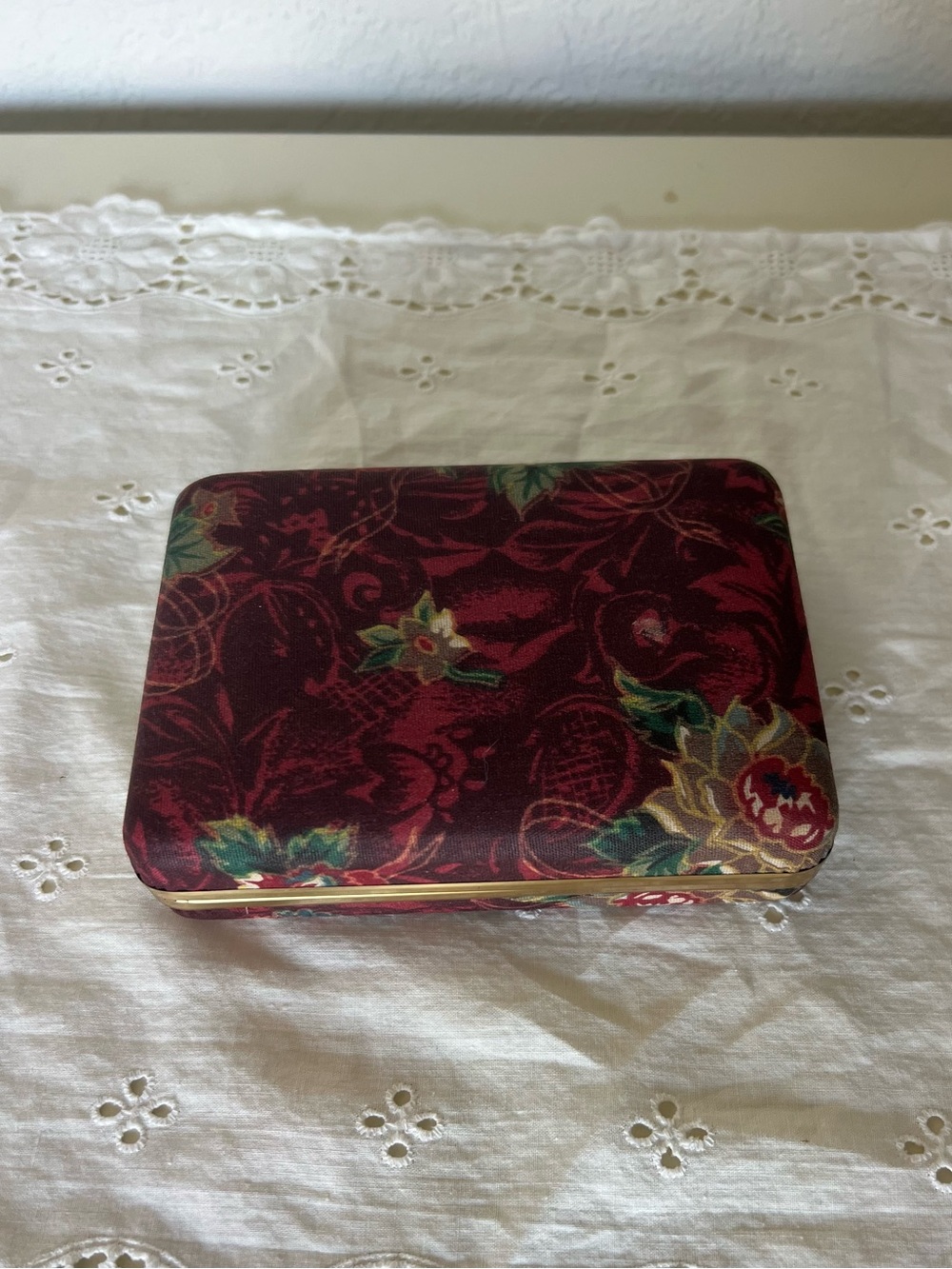 Vintage Floral Fabric Mirror Velvet Lined Jewelry Box Rectangle Burgundy